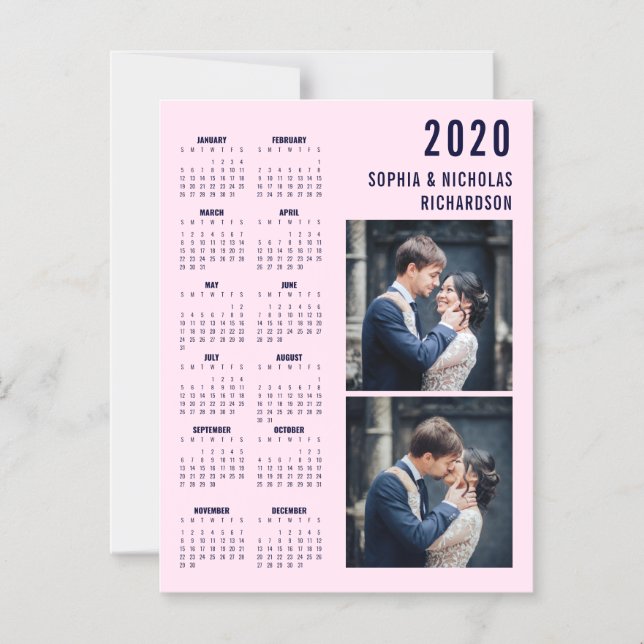 Invitation Magnétique Pink and Navy Blue Two Photo 2020 Calendrier Magne (Recto)