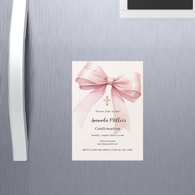 Invitation Magnétique Pink bow crème fille Confirmation (Créateur téléchargé)