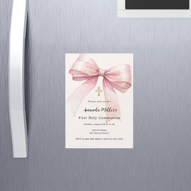 Invitation Magnétique Pink bow crème fille Première communion (Créateur téléchargé)