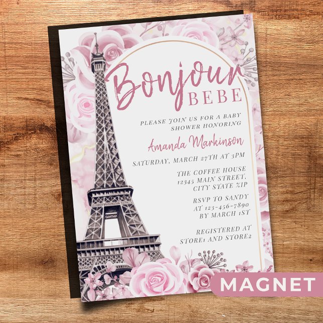 Invitation Magnétique Pink Gold Floral Bonjour Bebe Baby shower (Créateur téléchargé)