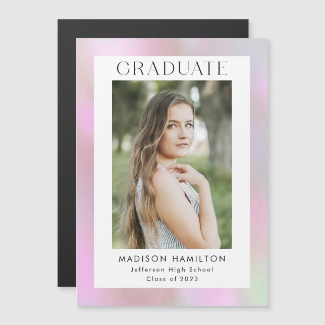 Invitation Magnétique Pink Holographic Photo Graduation (Devant / Derrière)
