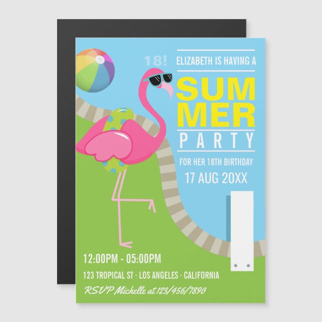 Invitation Magnétique Piscine d'été cool Flamant rose rose fête d'annive (Devant / Derrière)
