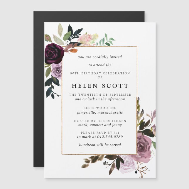 Invitation Magnétique Plum violet mauve rose floral 80e anniversaire (Devant / Derrière)