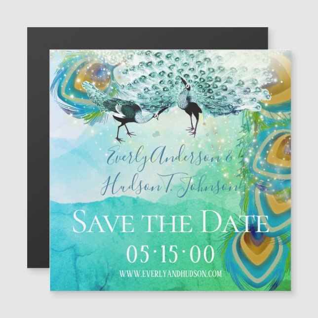 Invitation Magnétique Plume de Paon Turquoise Bleu Vert et Cuivre (Devant / Derrière)