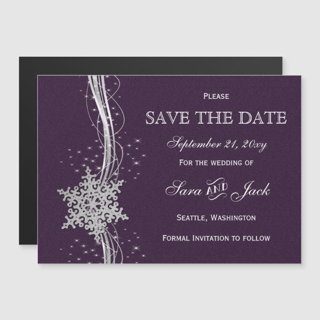 Invitation Magnétique Pneus d'argent violet hiver enregistrer la date (Devant / Derrière)