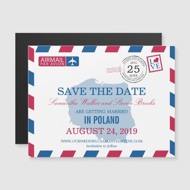 Invitation Magnétique POLAND Airmail Enregistrer la date (Devant / Derrière)