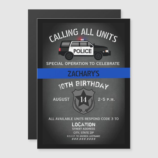 Invitation Magnétique Police VUS Badge Mince Ligne Bleue Anniversaire (Devant / Derrière)