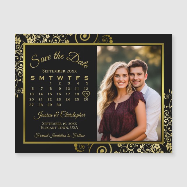Invitation Magnétique Posh Black & Gold Calendrier photo Enregistrer la  (Devant)