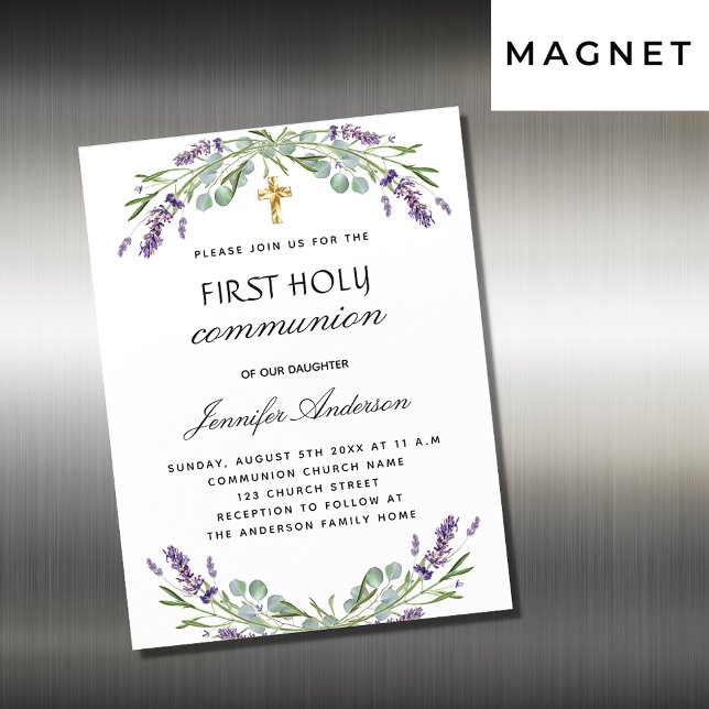 Invitation Magnétique Première communion lavande eucalyptus violet luxe (Créateur téléchargé)