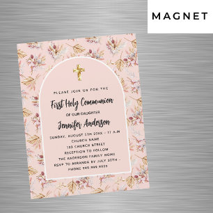 Invitation Magnétique Première communion rose fleurs or pampas luxe