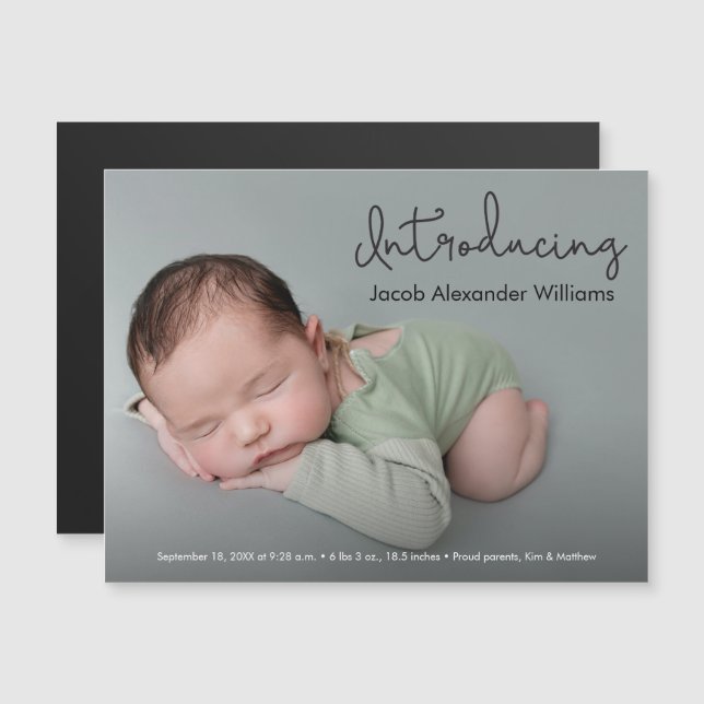 Invitation Magnétique Présentation moderne Script Custom Baby boy Photo (Devant / Derrière)