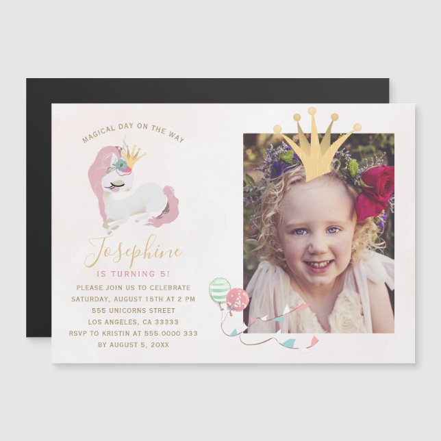 Invitation Magnétique Princesse couronne rose or fille photo anniversair (Devant / Derrière)