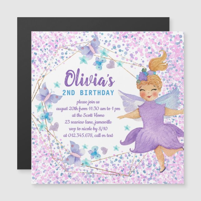 Invitation Magnétique Purple Fairy Papillon Coeur Confetti Anniversaire (Devant / Derrière)