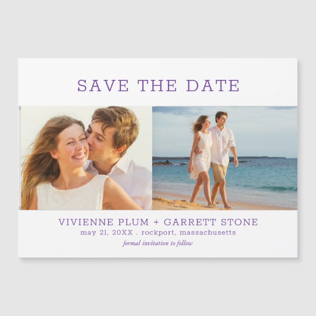 Invitation Magnétique Purple Text 2 Photo Wedding Enregistrer la date (Devant)