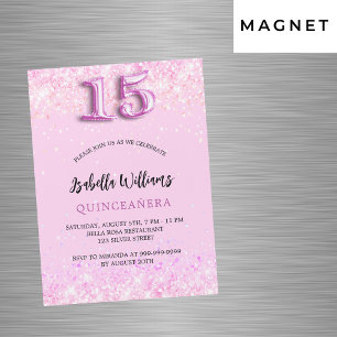 Invitation Magnétique Quinceanera confetti rose fille soirée luxe