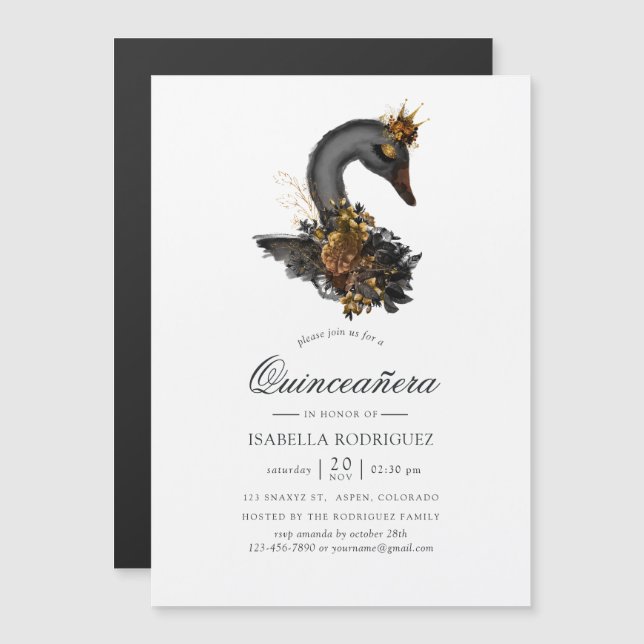 Invitation Magnétique Quinceañera du cygne noir (Devant / Derrière)