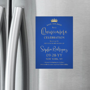 Invitation Magnétique Quinceañera Enregistrer la date Elégant Royal Blue