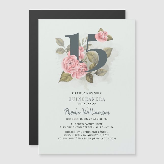 Invitation Magnétique Quinceanera Floral rustique 15e anniversaire (Devant / Derrière)
