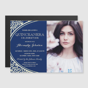 Invitation Magnétique Quinceanera Luxe Élégant Bleu Royal & Or Photo