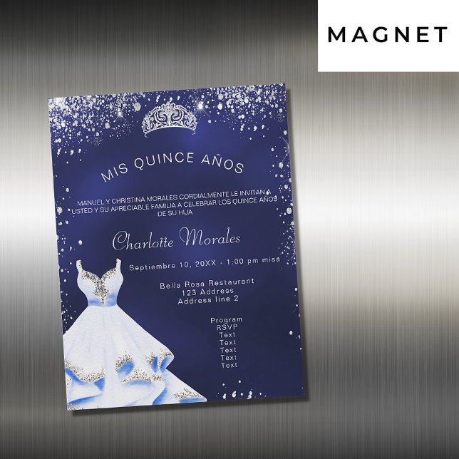 Invitation Magnétique Quinceanera marine bleu argent robe tiara luxe (Créateur téléchargé)