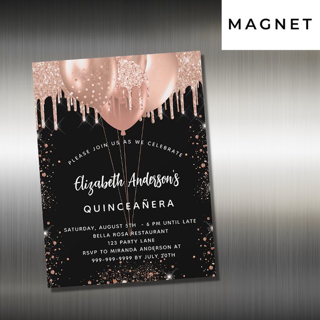 Invitation Magnétique Quinceanera noir rose or ballons parties scintilla (Créateur téléchargé)