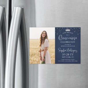 Invitation Magnétique Quinceañera Photo de sauvegarde et étoiles Bleu ma