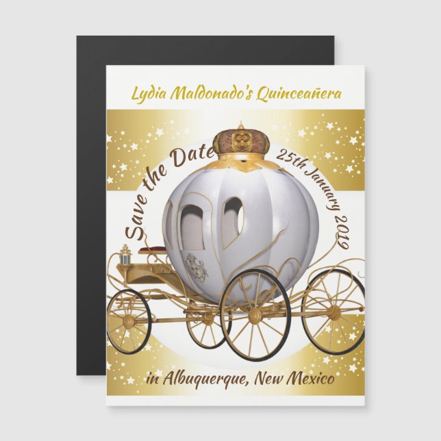 Invitation Magnétique Quinceanera Princess Carriage Sauvez la date (Devant / Derrière)