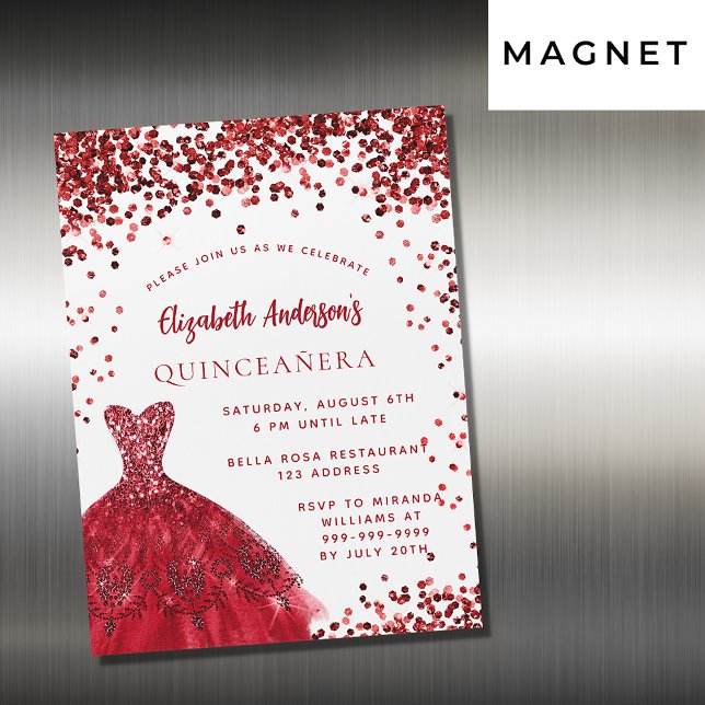Invitation Magnétique Quinceanera robe rouge blanche brillant luxe (Créateur téléchargé)