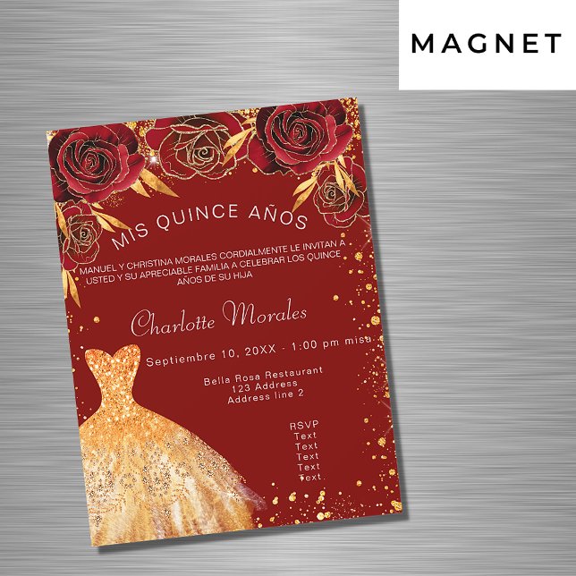 Invitation Magnétique Quinceanera robe rouge or fleurs luxe (Créateur téléchargé)