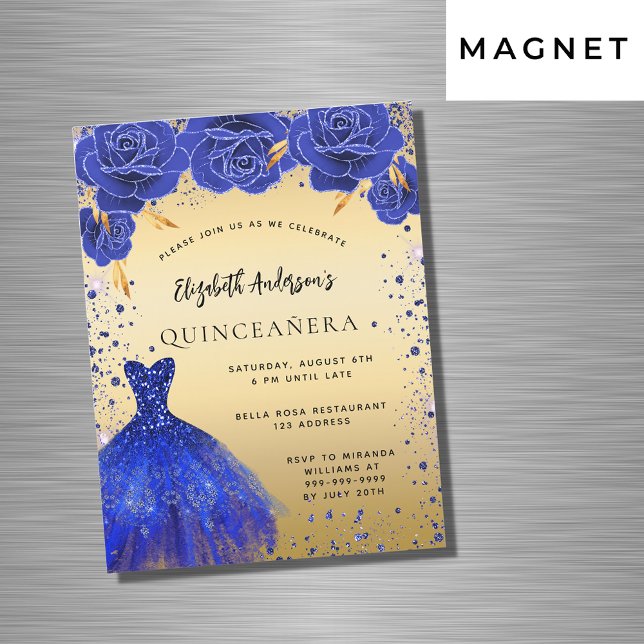 Invitation Magnétique Quinceanera robe royale bleu or fleurons luxe (Créateur téléchargé)