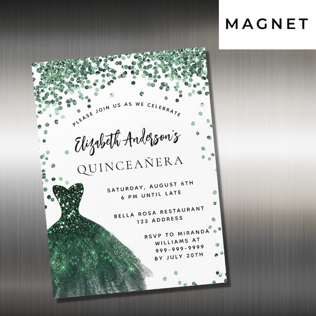 Invitation Magnétique Quinceanera robe vert émeraude blanc luxe (Créateur téléchargé)