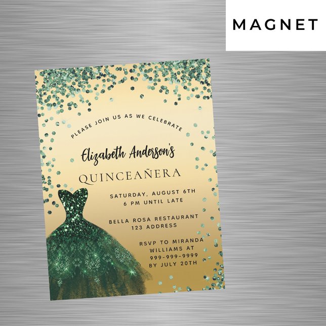 Invitation Magnétique Quinceanera robe verte émeraude soirée de luxe (Créateur téléchargé)