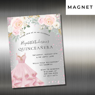 Invitation Magnétique Quinceanera rose argent brillant robe luxe