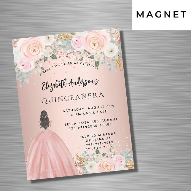 Invitation Magnétique Quinceanera rose fleurs or robe luxe (Créateur téléchargé)