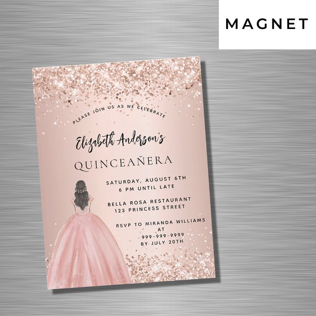 Invitation Magnétique Quinceanera rose or parties scintillant robe luxe (Créateur téléchargé)