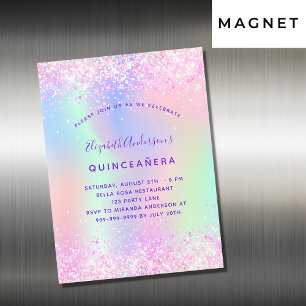 Invitation Magnétique Quinceanera rose violet parties scintillant hologr