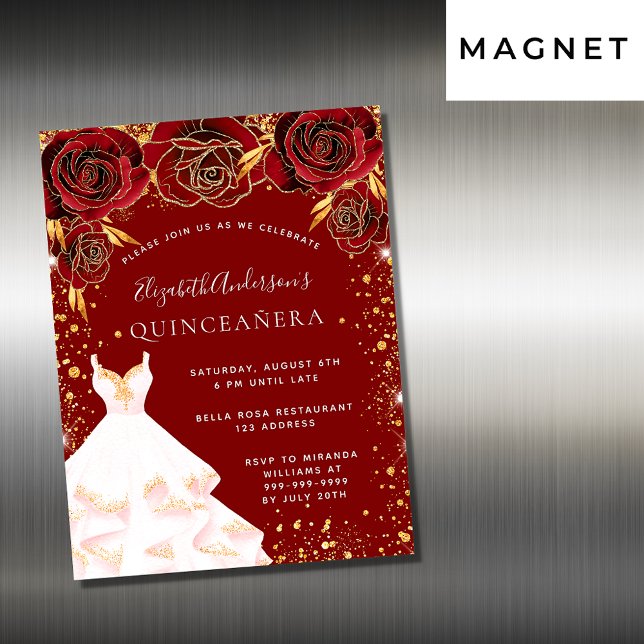Invitation Magnétique Quinceanera rouge or blanc robe luxe (Créateur téléchargé)