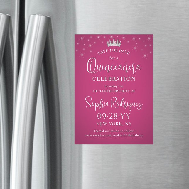 Invitation Magnétique Quinceañera Sauvez la date Elégant Fuschia rose (Créateur téléchargé)