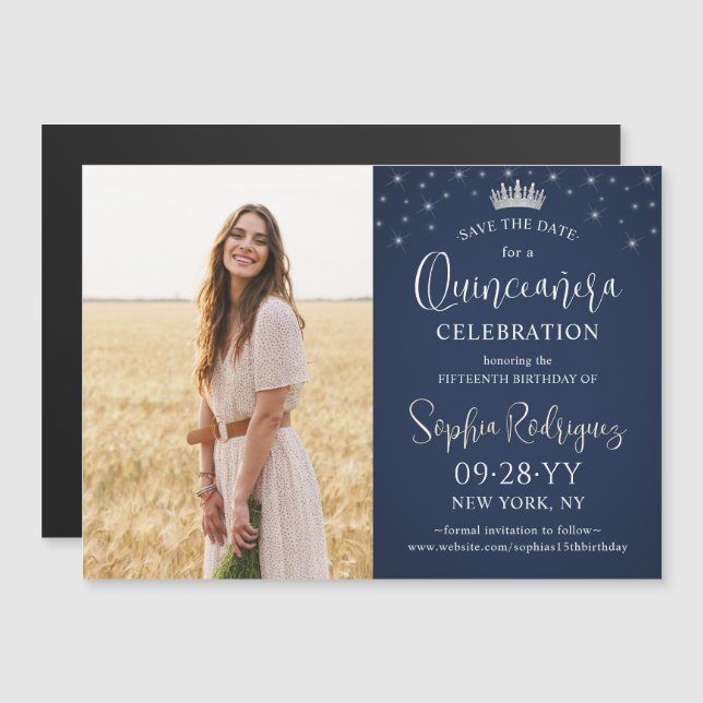 Invitation Magnétique Quinceañera Save the Date Photo Navy Blue Stars (Devant / Derrière)
