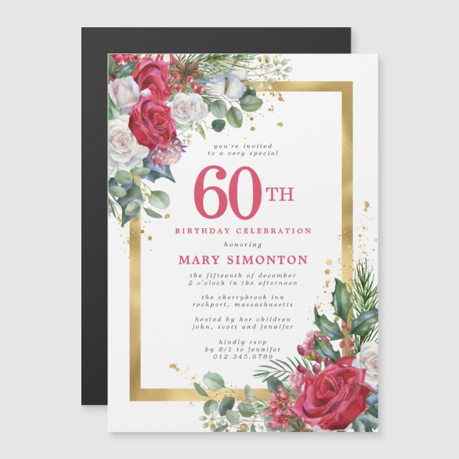 Invitation Magnétique Red Rose Gold Holly 60e anniversaire (Devant / Derrière)