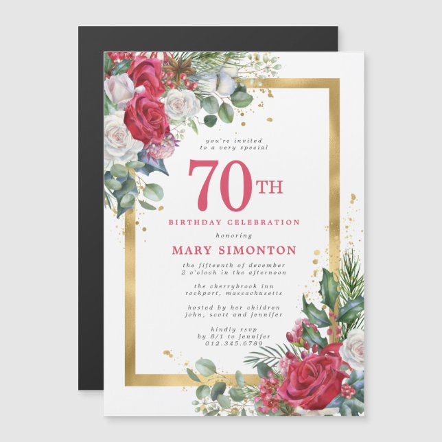 Invitation Magnétique Red Rose Gold Holly 70e anniversaire (Devant / Derrière)