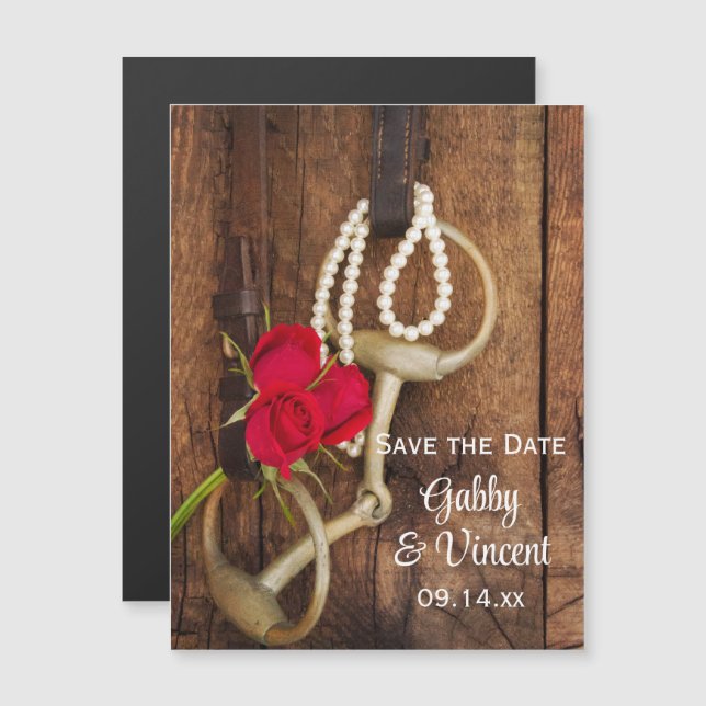 Invitation Magnétique Red Roses Horse Bit Mariage campagnard Enregistrer (Devant / Derrière)