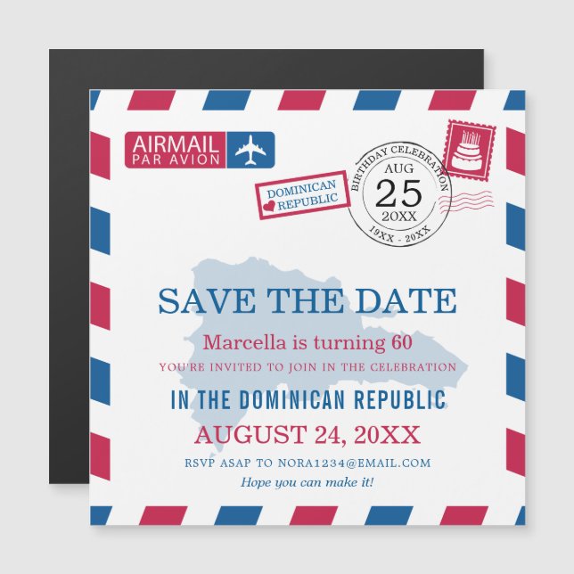 Invitation Magnétique République Dominicaine Airmail Fête d'anniversaire (Devant / Derrière)