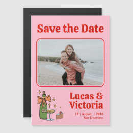 Invitation Magnétique Retro Rose Whimsical Photo Wedding Enregistrer la 