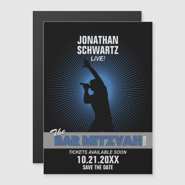 Invitation Magnétique Rock Star Bar Mitzvah Enregistrer la date Black Bl (Devant / Derrière)