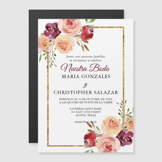 Invitation Magnétique Roja Oro Flores Boda Elegante Mariage espagnol (Devant / Derrière)
