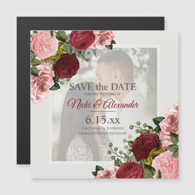 Invitation Magnétique Romantique Bourgogne Blush Pink Photo Enregistrer  (Devant / Derrière)