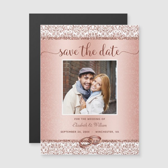 Invitation Magnétique Rose de luxe Gold Mariage photo Enregistrer la dat (Devant / Derrière)