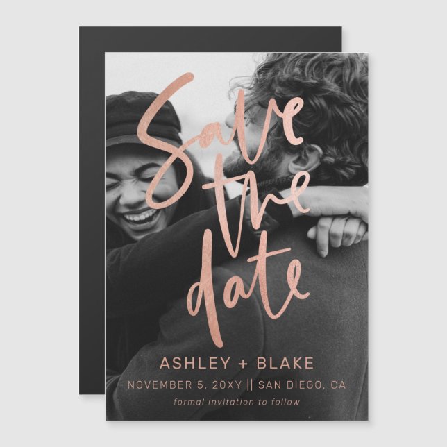 Invitation Magnétique Rose Gold Calligraphy Photo Enregistrer la date (Devant / Derrière)