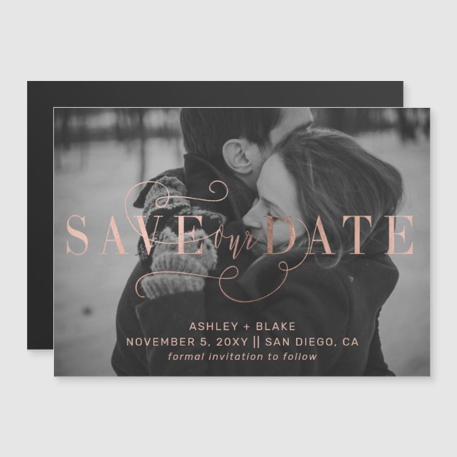 Invitation Magnétique Rose Gold Calligraphy Photo Enregistrer la date (Devant / Derrière)
